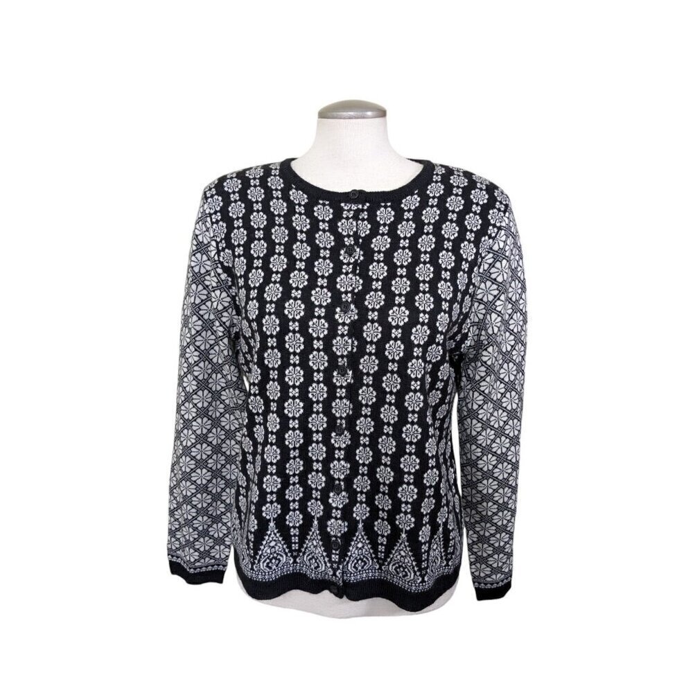 Vintage Cabi Cardigan Sweater Wool Blend Womens Large Black White Floral Button